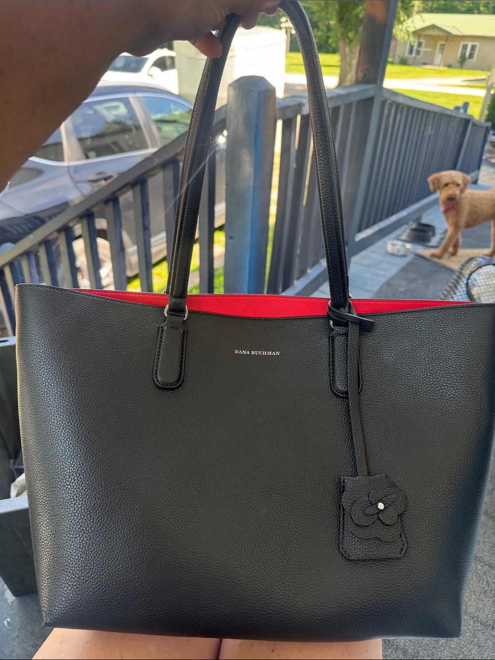 Dana Buchman black tote bag with Red Interior